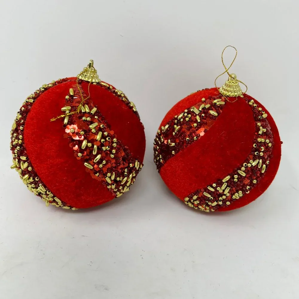 Pair Vntg Christmas Tree Ornaments Holiday Handmade Red Flocked Balls w/ Beads